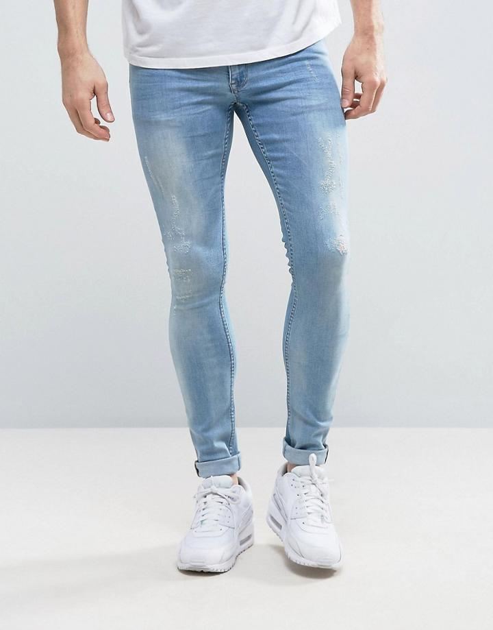 Asos Extreme Super Skinny Jeans With Abrasions Light Blue - Blue