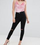 Asos Petite Rivington High Waist Denim Jeggings In Black With Two Ripped Knees - Black