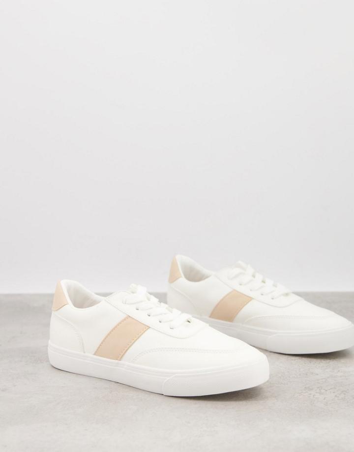 London Rebel Side Stripe Lace Up Sneakers In White With Beige