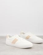 London Rebel Side Stripe Lace Up Sneakers In White With Beige