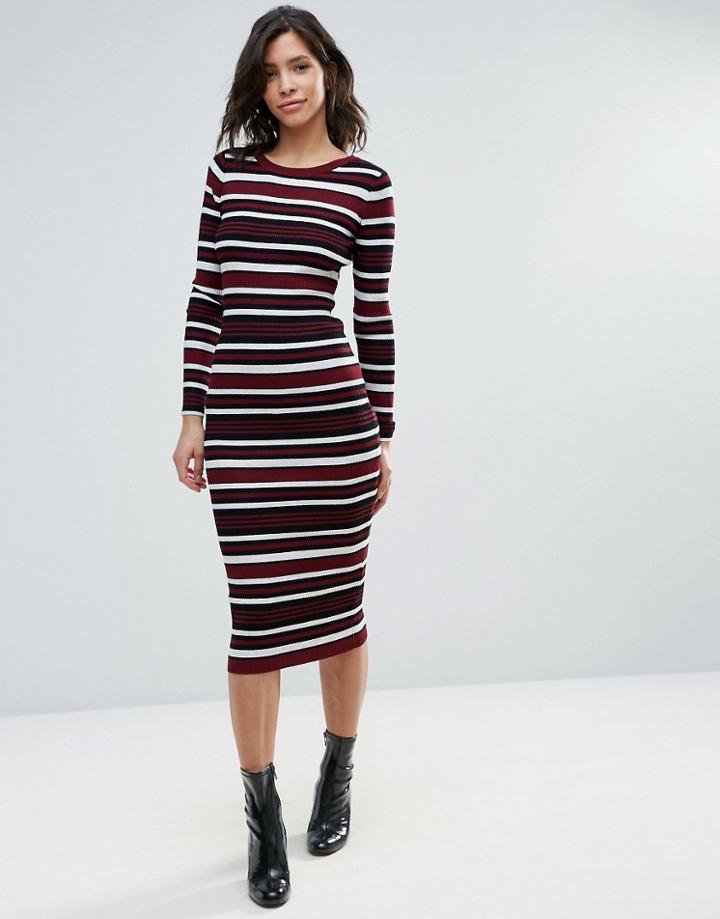 Qed London Multi Stripe Midi Dress - Red
