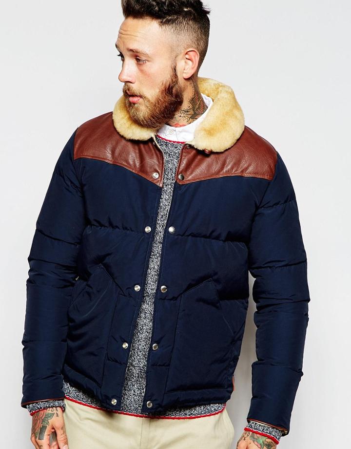 Penfield Shower Proof Rockwool Down Fill Jacket With Leather Yoke - Navy