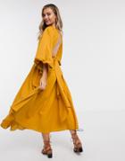 Asos Edition Extreme Sleeve Linen Midi Dress In Mustard-yellow