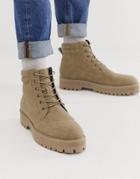 Asos Design Lace Up Boots In Stone Faux Suede With Stone Sole