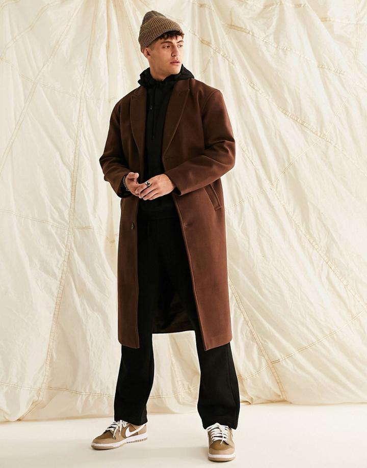 Asos Design Recyled Wool Look Overcoat In Brown