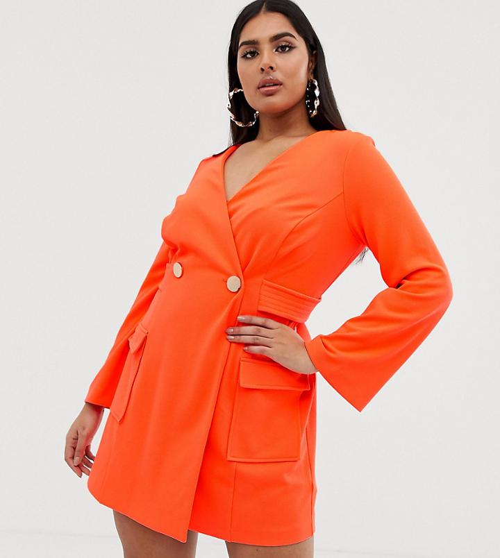Asos Design Curve Fluoro Tux Dress With Button Detail - Orange