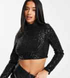 In The Style Petite Exclusive Sequin High Neck Top In Black