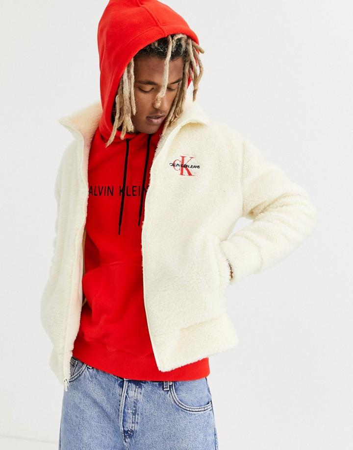 Calvin Klein Jeans Sherpa Full Zip Jacket In White
