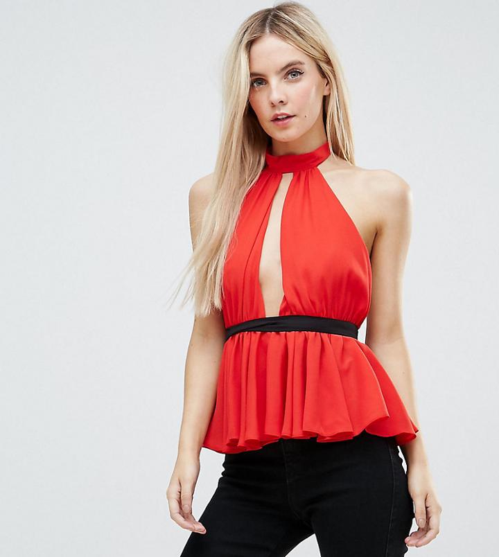 Asos Petite Ballet Wrap Top With Pephem-red