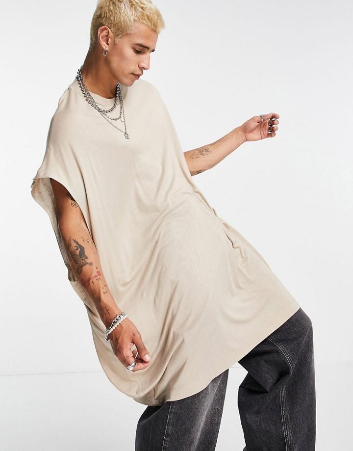 Asos Design Oversized Longline Viscose Tank In Beige-neutral