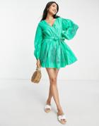 River Island Embroidered Wrap Mini Dress In Green