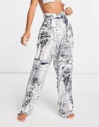 Asos Design Matching Crinkle Beach Pants In Vintage Outline Print-multi