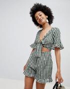 Asos Design Romper With Cut Out And Tie Detail In Linen In Gingham - Multi