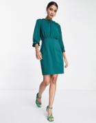 Asos Design Mixed Fabric Mini Dress With Frill Sleeves In Forest Green