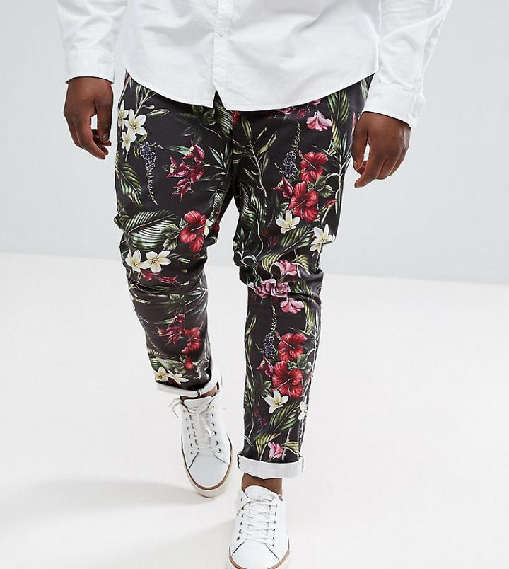 Asos Plus Super Skinny Pants In Bright Floral Leaf Print - Black