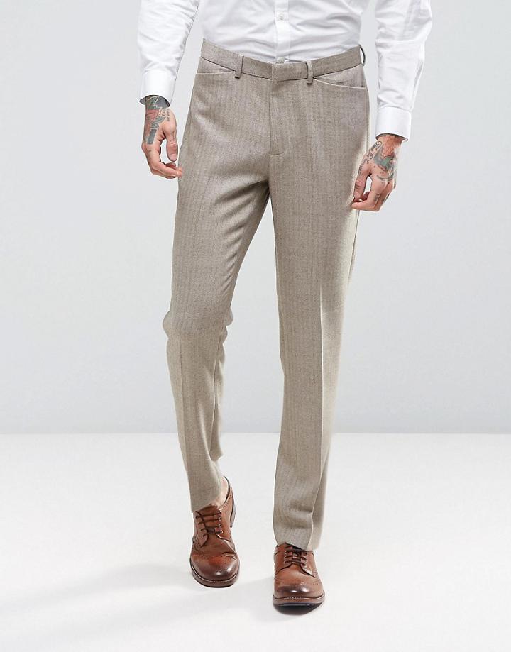 Asos Wedding Skinny Suit Pants In Herringbone In Oatmeal Wool Blend - Beige