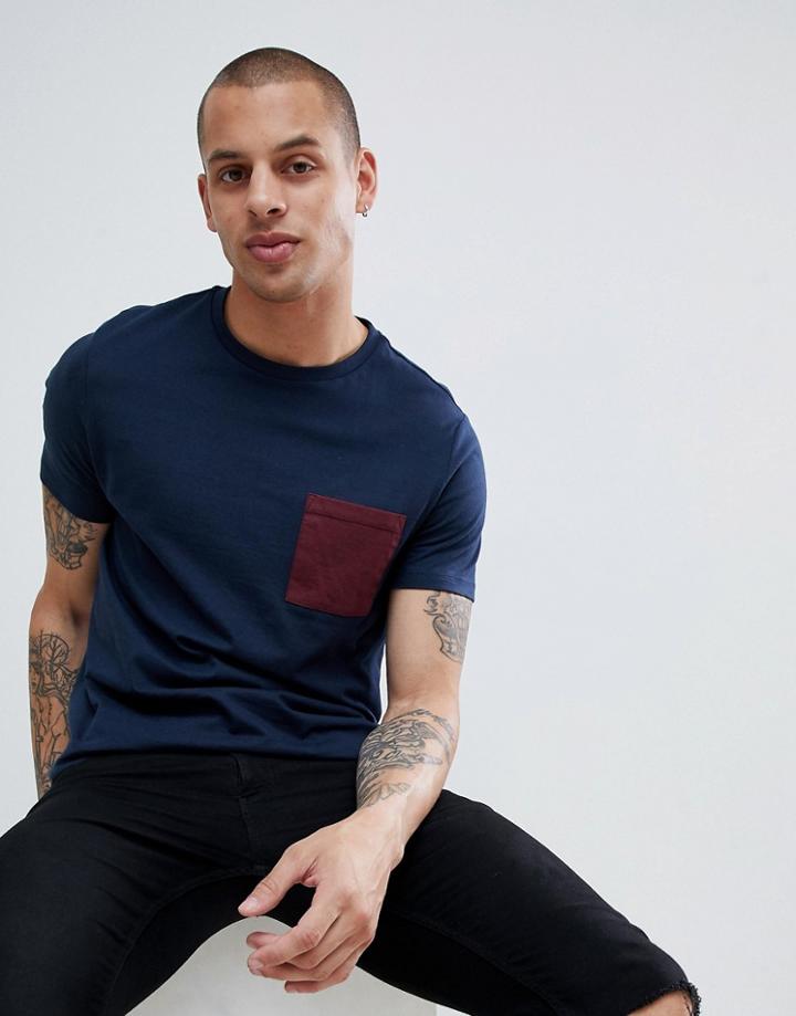 Asos Design T-shirt With Contrast Pocket In Navy - Navy
