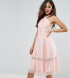 True Decadence Tall Premium Frill High Neck Prom Skater Dress With Lace Contrast Inserts - Pink
