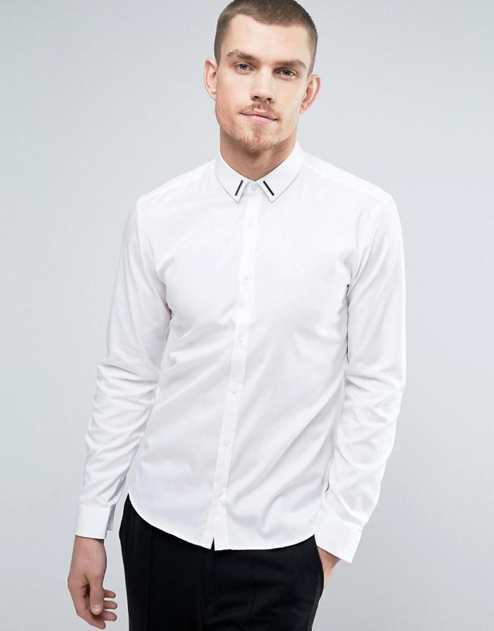 Hugo By Hugo Boss Ero 3 Shirt Metal Collar Bar Slim Fit In White - White
