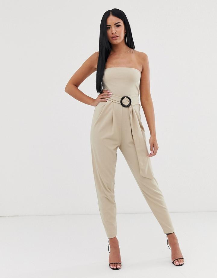 Asos Design Bandeau Scuba Jumpsuit With Belt - Beige