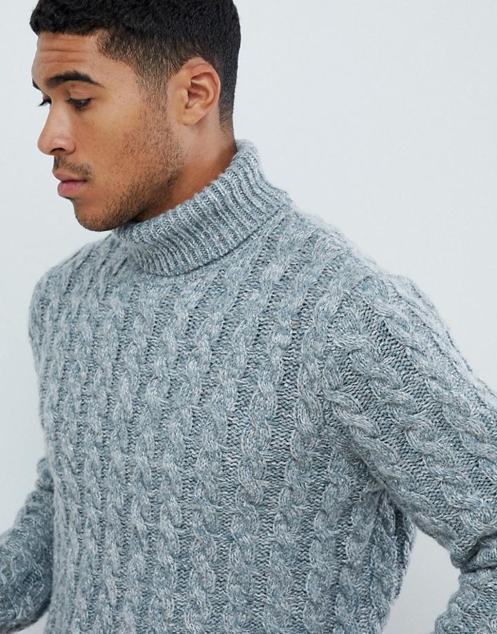 Asos Design Heavyweight Cable Knit Roll Neck Sweater In Blue Twist - Blue