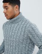 Asos Design Heavyweight Cable Knit Roll Neck Sweater In Blue Twist - Blue
