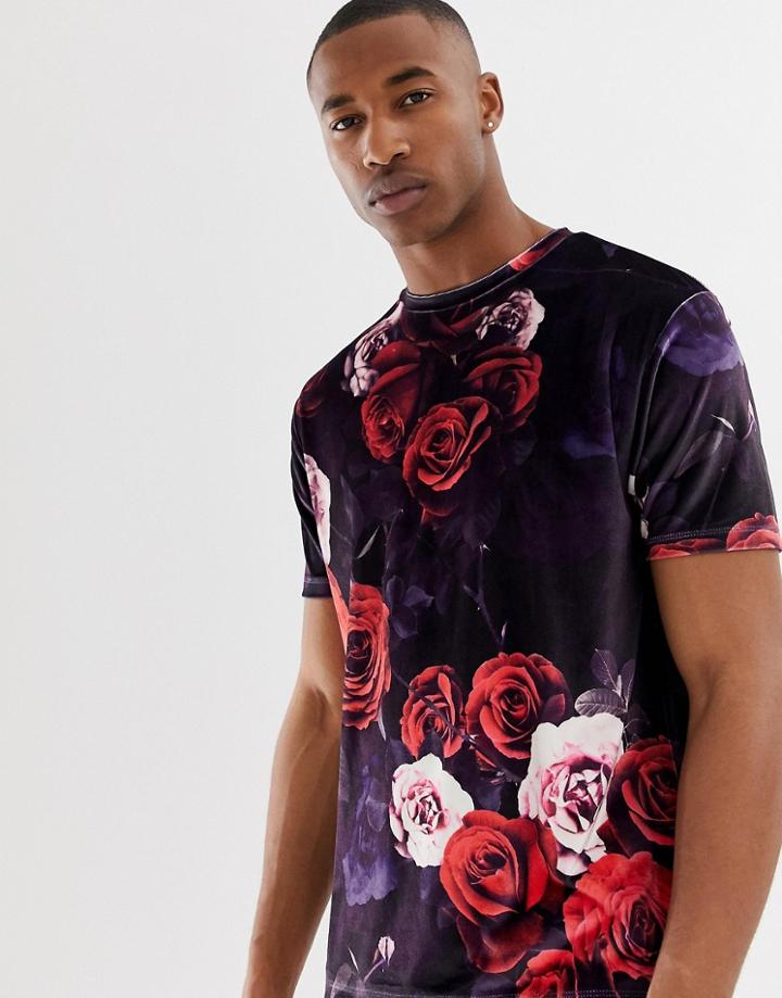 Asos Design Two-piece Relaxed T-shirt In Floral Velour - Purple