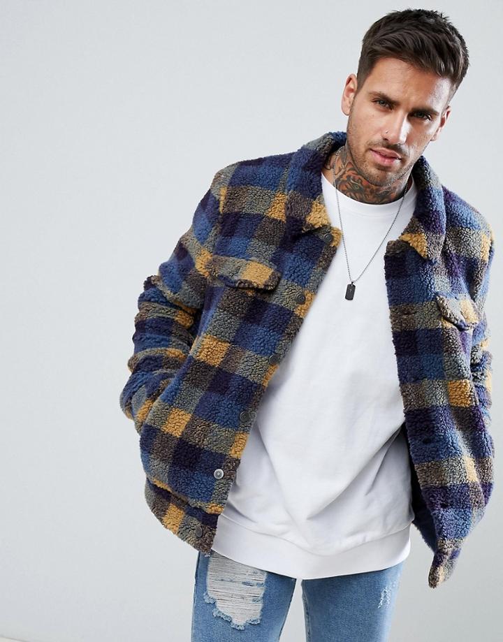 Asos Design Borg Western Jacket In Blue Check - Blue