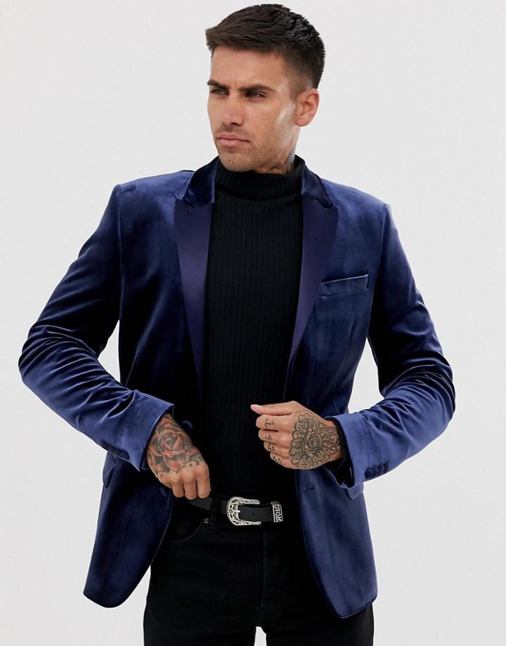 Asos Design Skinny Tuxedo Prom Blazer In Navy Velvet