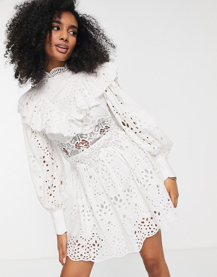 Asos Edition Waisted Broderie Mini Dress With Ruffle Detail In White