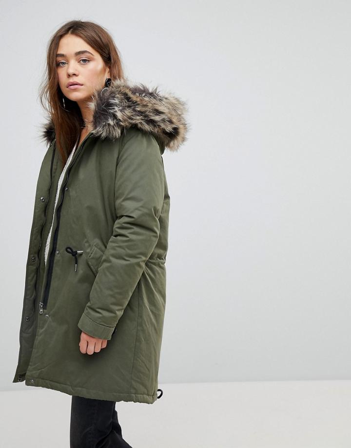 Only Down Parka With Faux Fur Hood - Purple