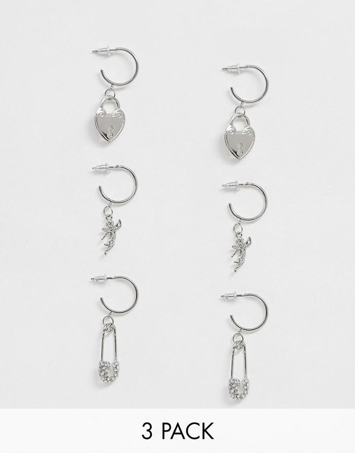Asos Design Pack Of 3 Hoop Earrings With Hanging Charms In Silver Tone - Silver