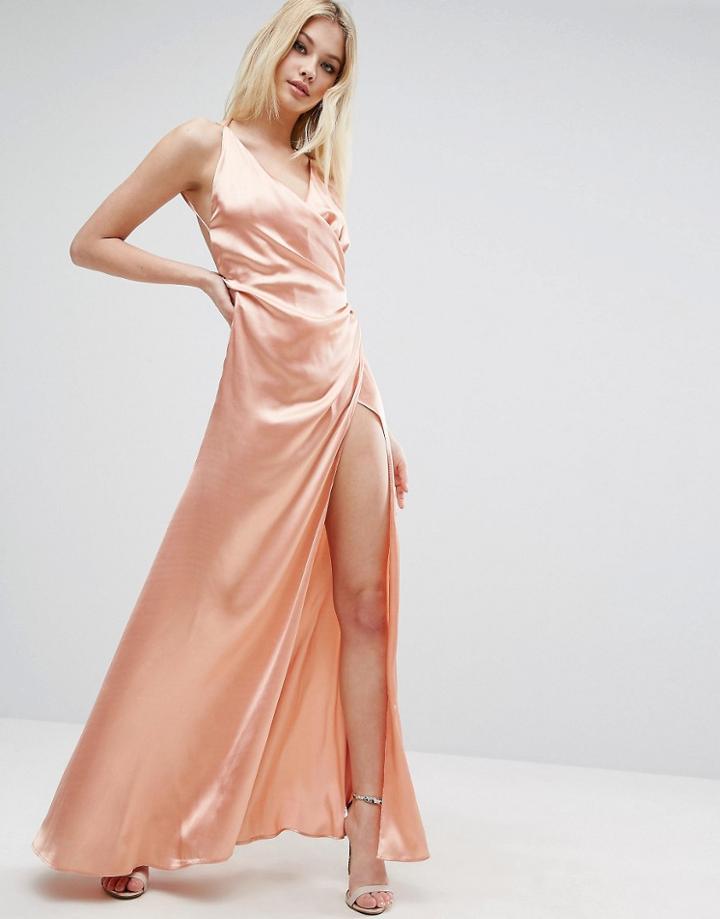 Asos Strap Drape Front Thigh Split Maxi Dress - Beige