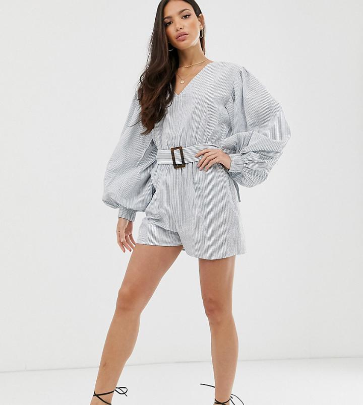 Asos Design Tall Belted Puff Sleeve Romper In Stripe Print-multi