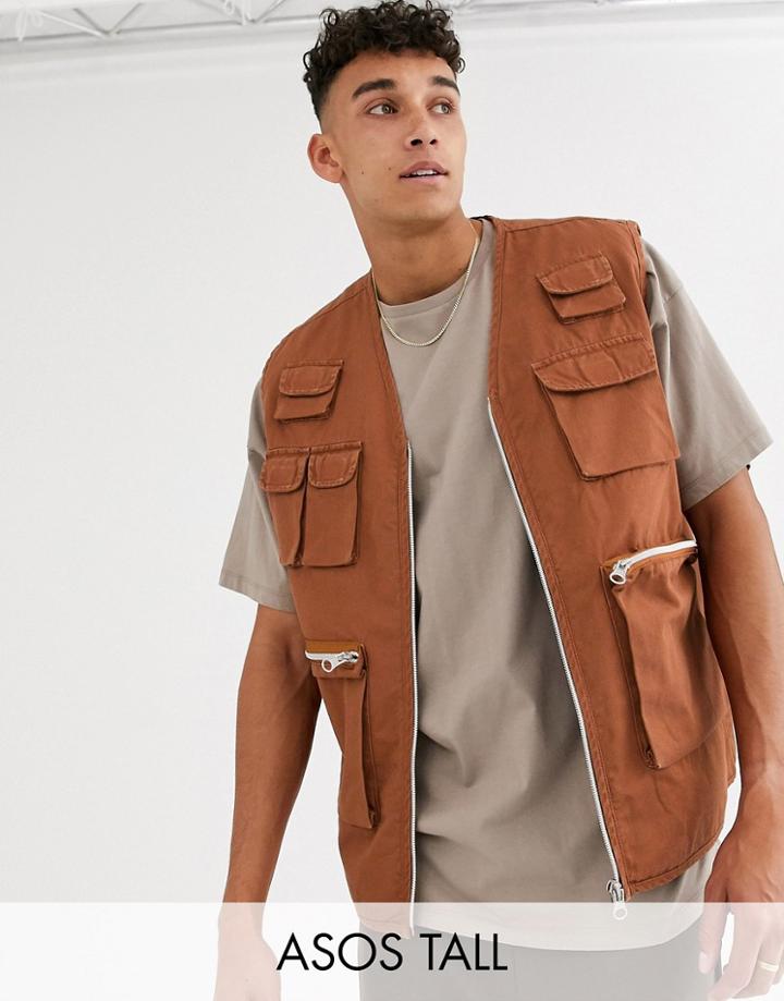 Asos Design Tall Utility Vest In Tan