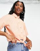 Asos Design Linen Short Sleeve Shirt With Tie Front In Apricot-no Color