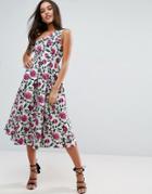 Asos Asymmetric Bardot Rose Jacquard Floral Prom Midi Dress - Multi