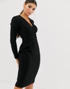 Asos Design Long Sleeve Plunge Wrap Midi Dress-black