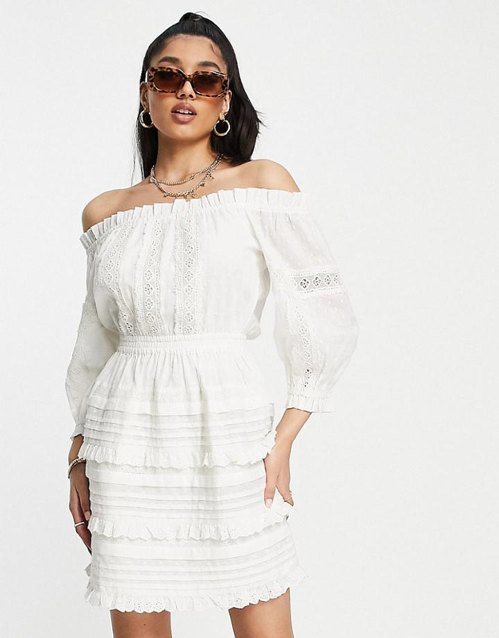 Miss Selfridge Broderie Bardot Mini Dress In Ivory-white