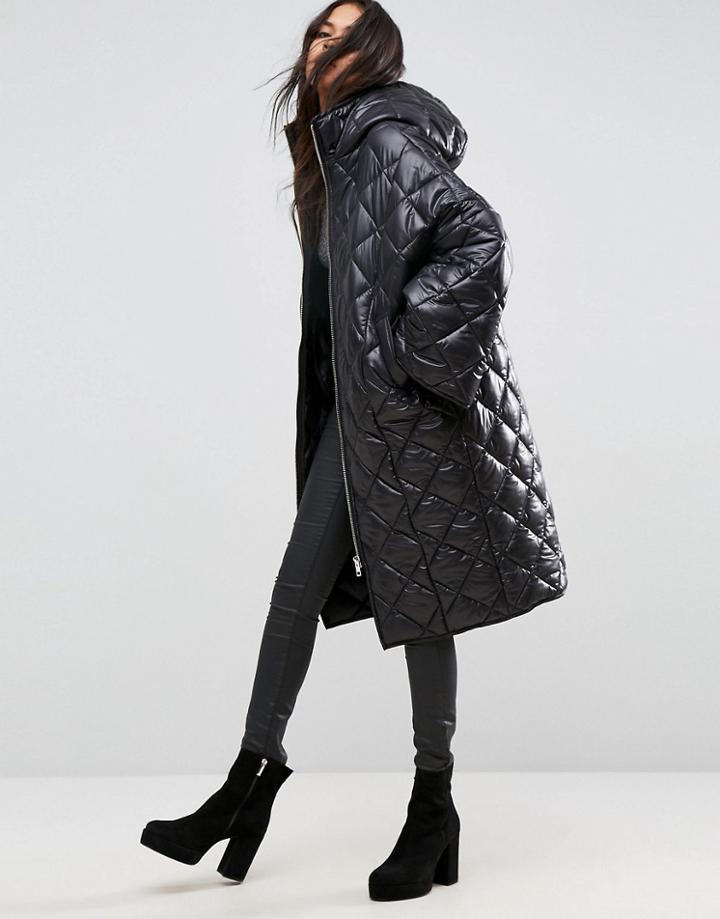 Asos Puffer Coat In Diamond Quilt - Black