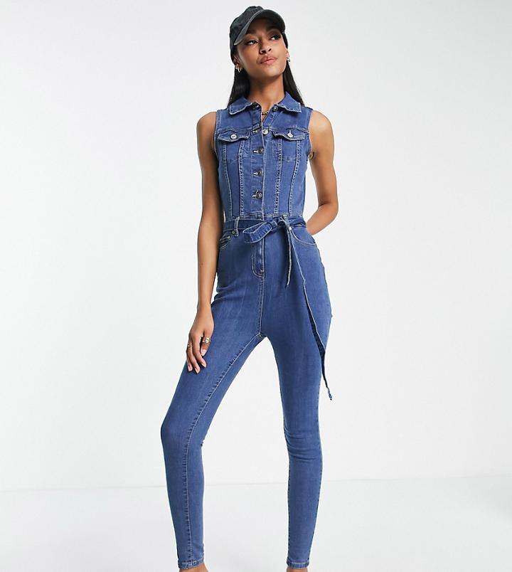 Parisian Tall Tie Waist Denim Jumpsuit In Mid Wash Blue