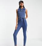 Parisian Tall Tie Waist Denim Jumpsuit In Mid Wash Blue
