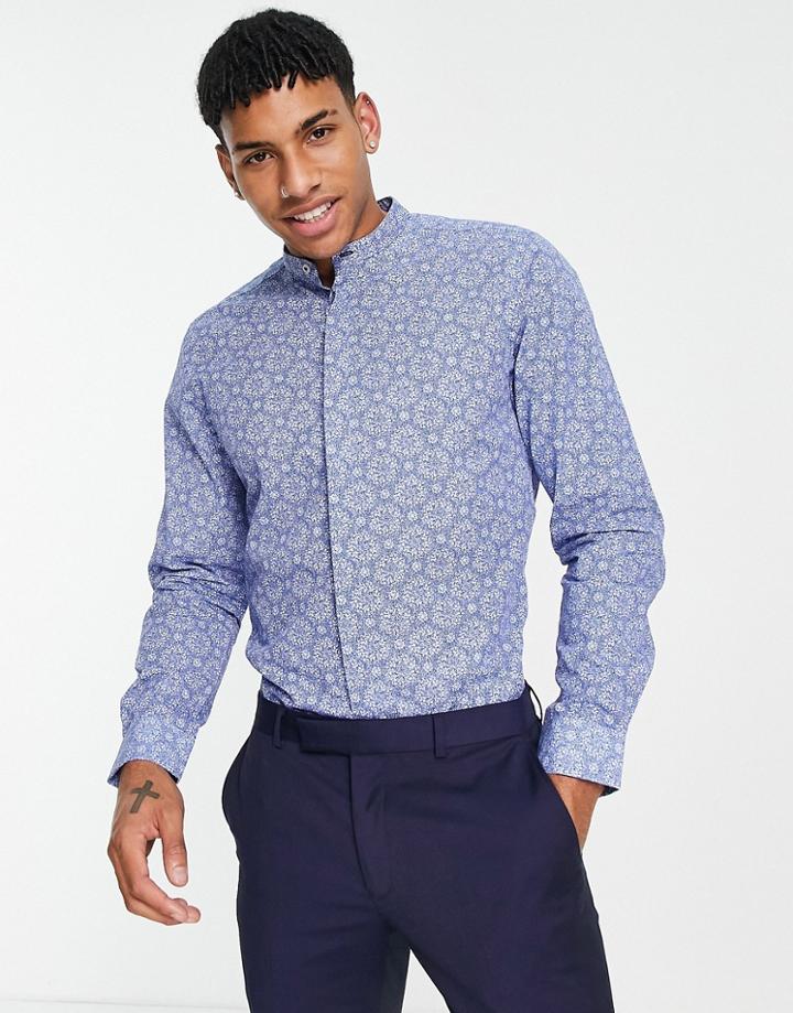 Harry Brown Slim Fit Blue China Print Grandad Collar Shirt-blues