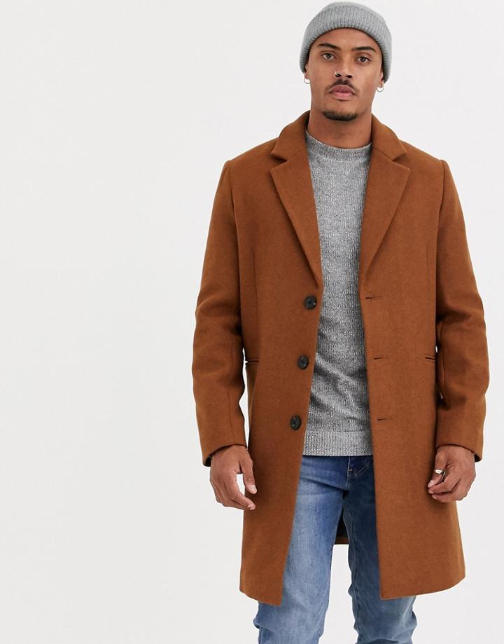 Asos Design Wool Mix Overcoat In Tan-red