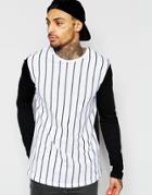 Asos Longline Long Sleeve T-shirt With Vertical Stripe And Contrast Sleeve - White