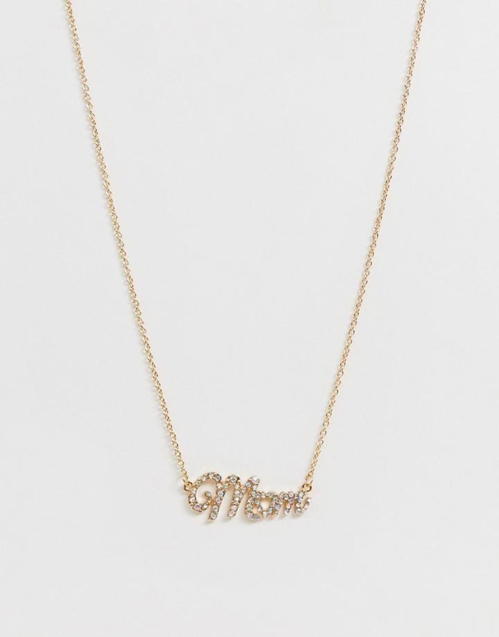 Asos Design Necklace With Crystal Mum Pendant In Gold Tone - Gold