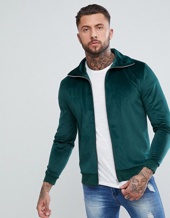 Asos Track Jacket In Green Velour - Green