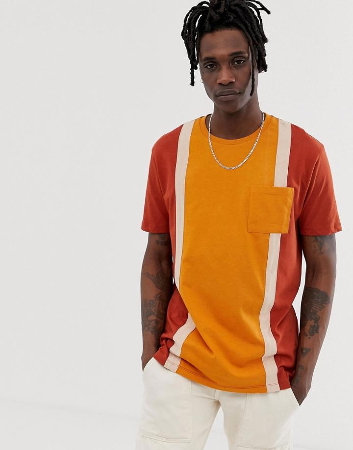 Asos Design Relaxed Longline T-shirt With Vertical Color Block And Pocket In Tan - Beige
