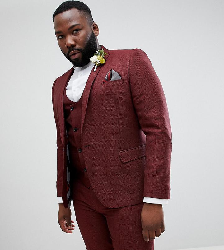 Asos Design Plus Wedding Skinny Suit Jacket In Wine Micro Texture-red