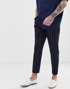 Harry Brown Loose Leg Pleated Crop Stripe Pants-navy
